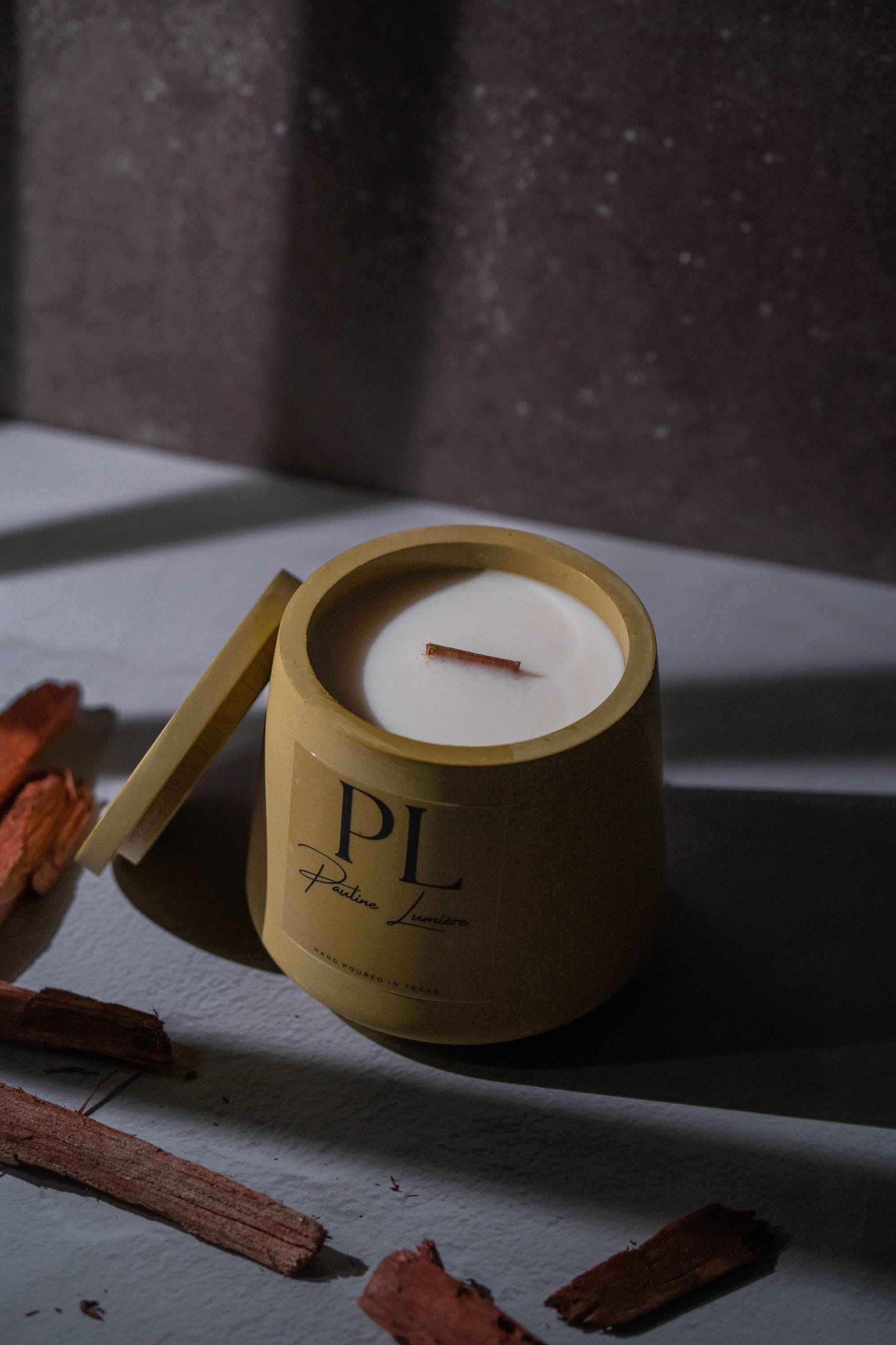 Handmade Jasmine Soy Candle • Olive Plaster Holder, Heart Opening Ritual