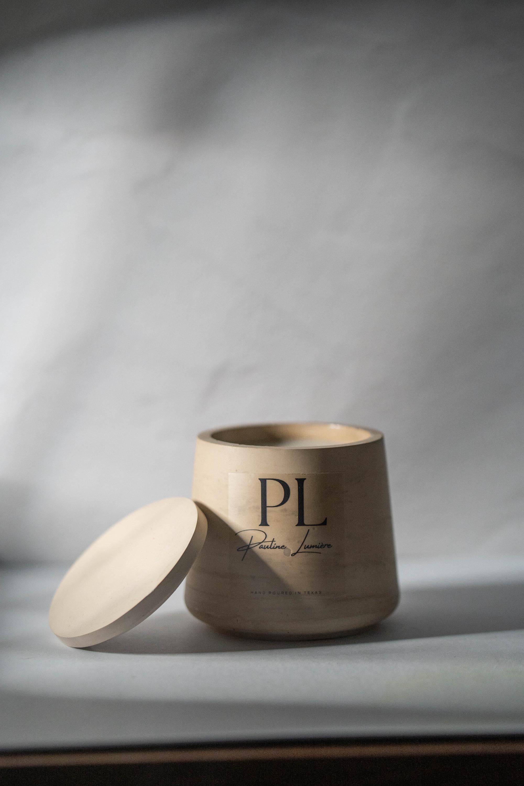 Meditative Harmony • Handmade White Soy Candle with Lavender in Beige-Brown Plaster Holder | Deep Relaxation