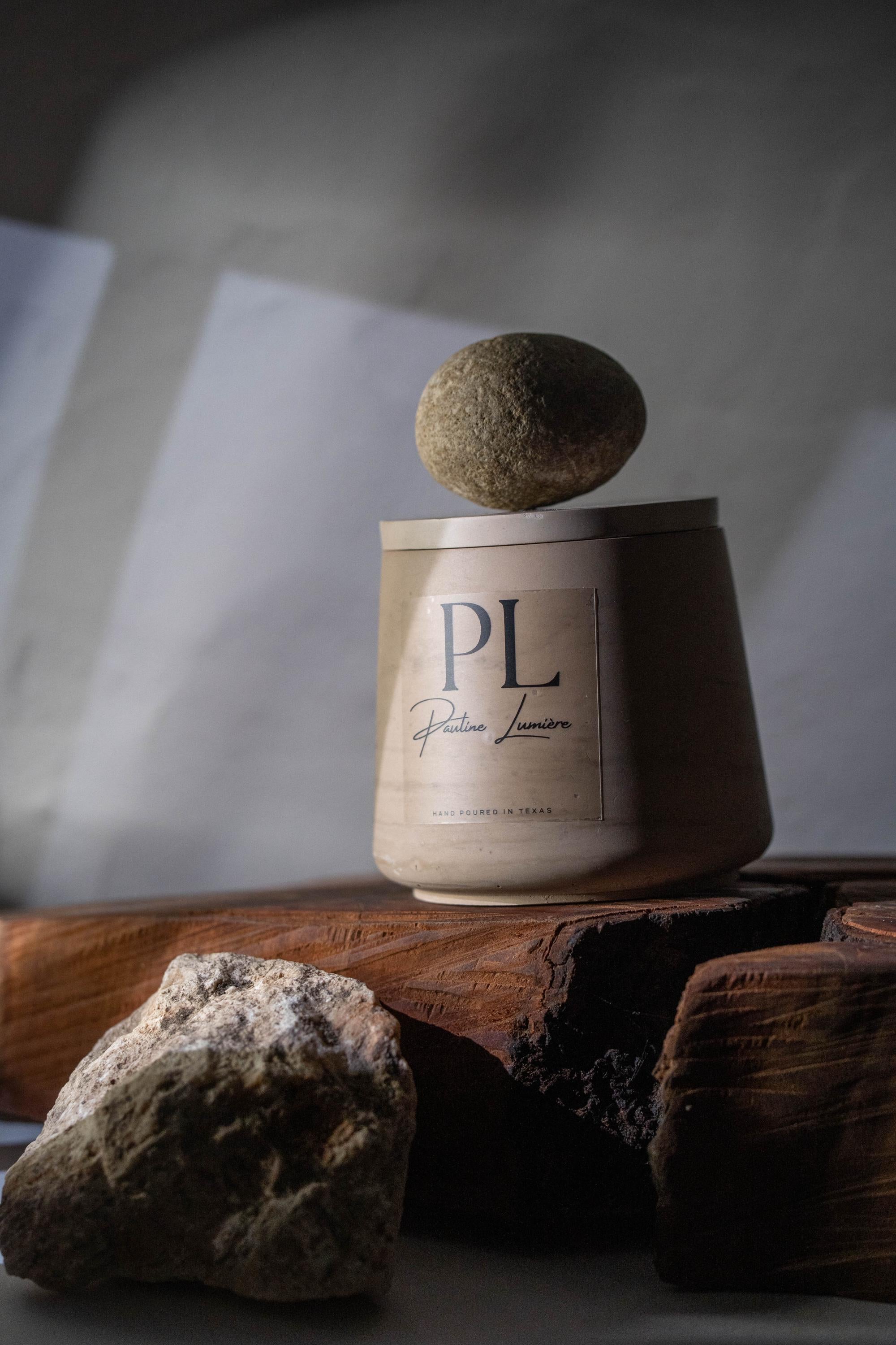 Meditative Harmony • Handmade White Soy Candle with Lavender in Beige-Brown Plaster Holder | Deep Relaxation