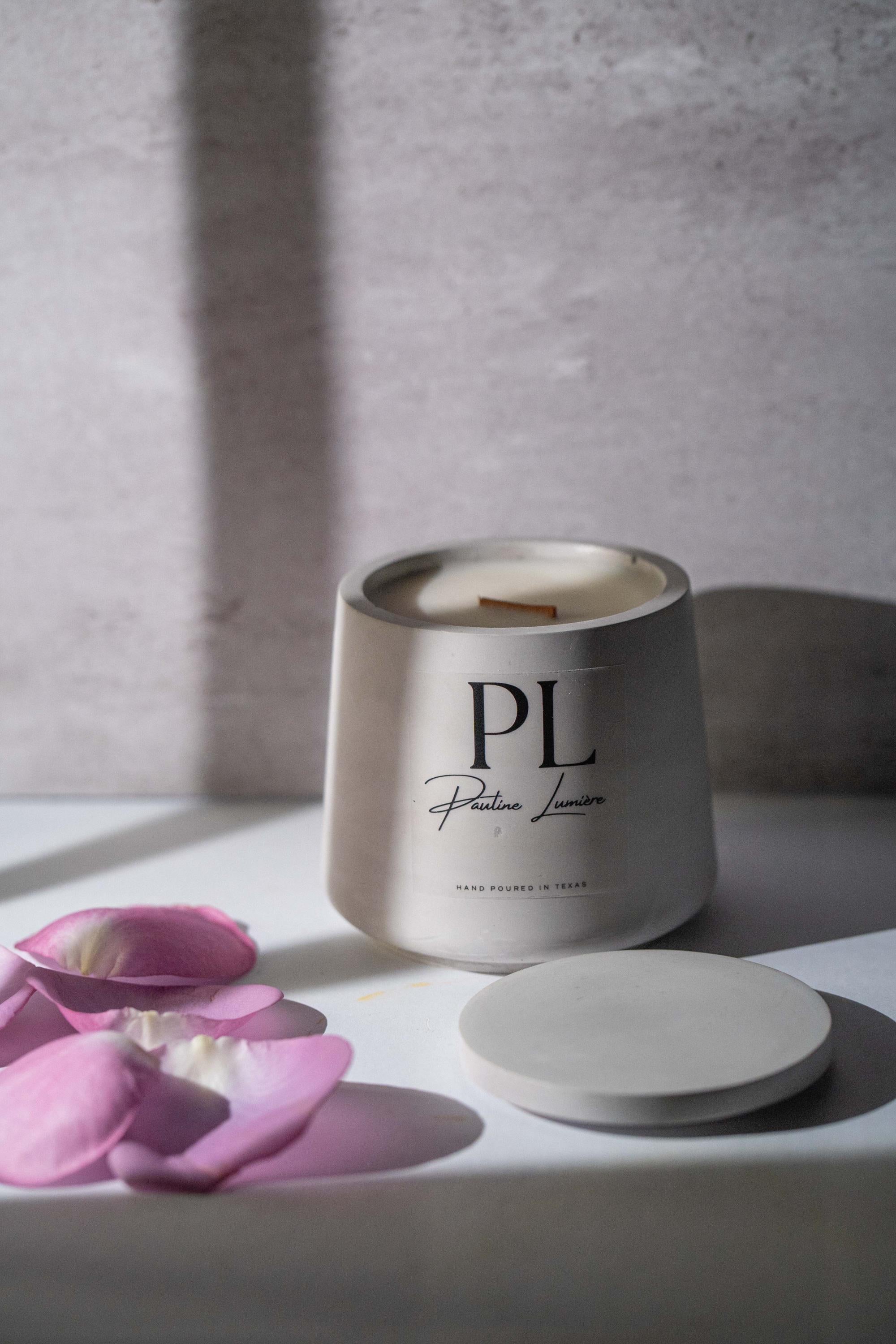 Handmade Sandalwood Soy Candle • Gray Plaster Holder, Inner Balance Aromatherapy