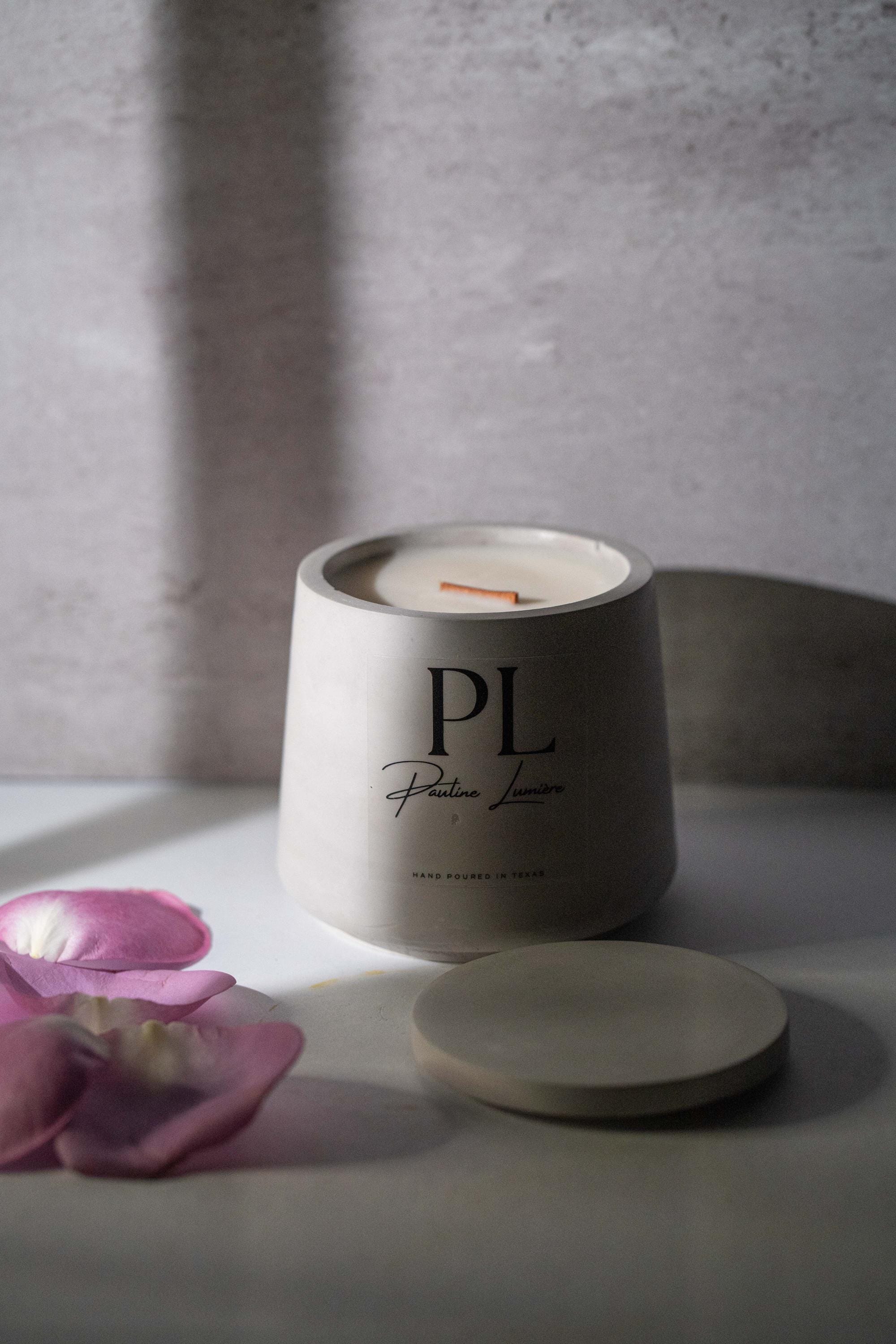 Handmade Sandalwood Soy Candle • Gray Plaster Holder, Inner Balance Aromatherapy