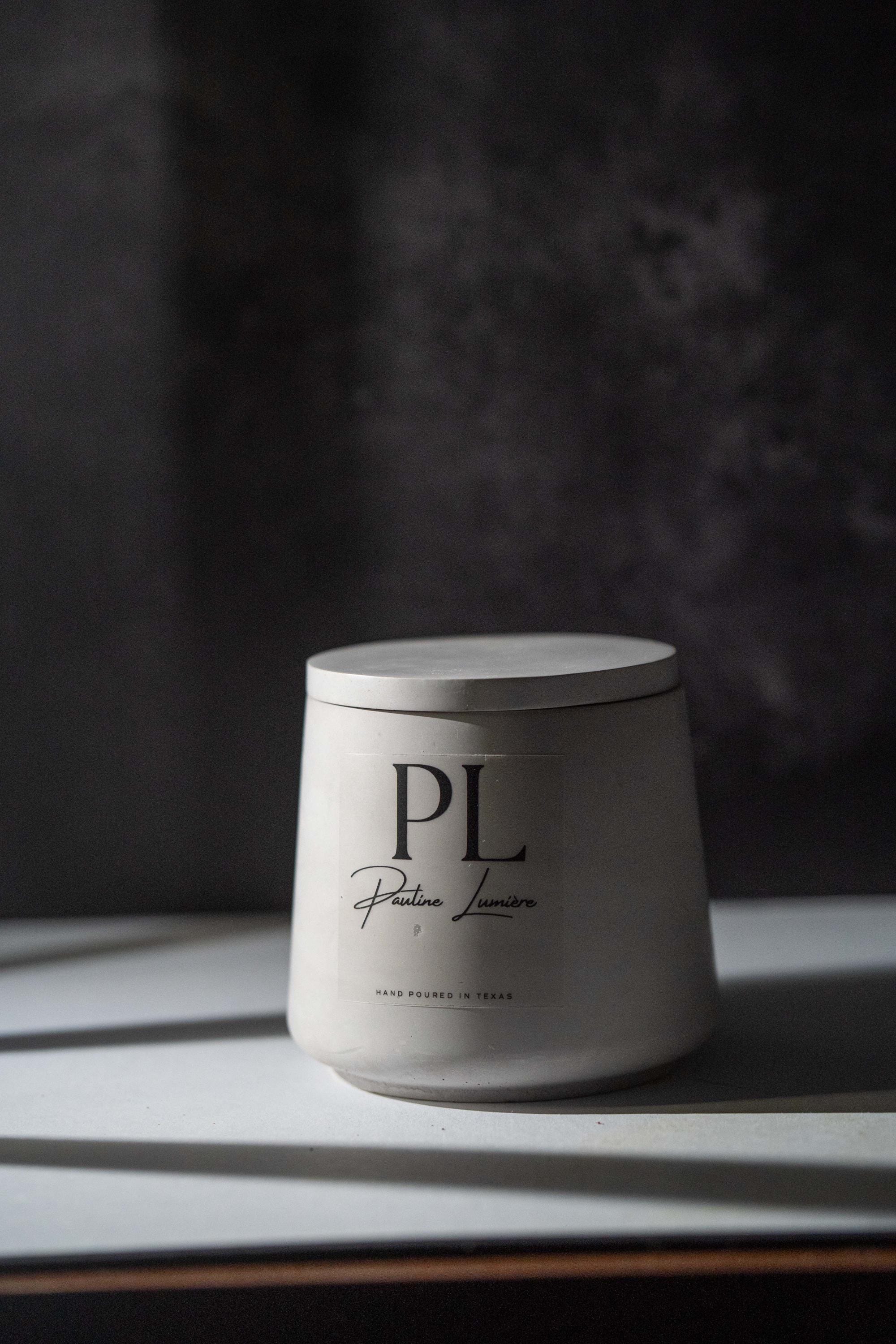 Handmade Sandalwood Soy Candle • Gray Plaster Holder, Inner Balance Aromatherapy
