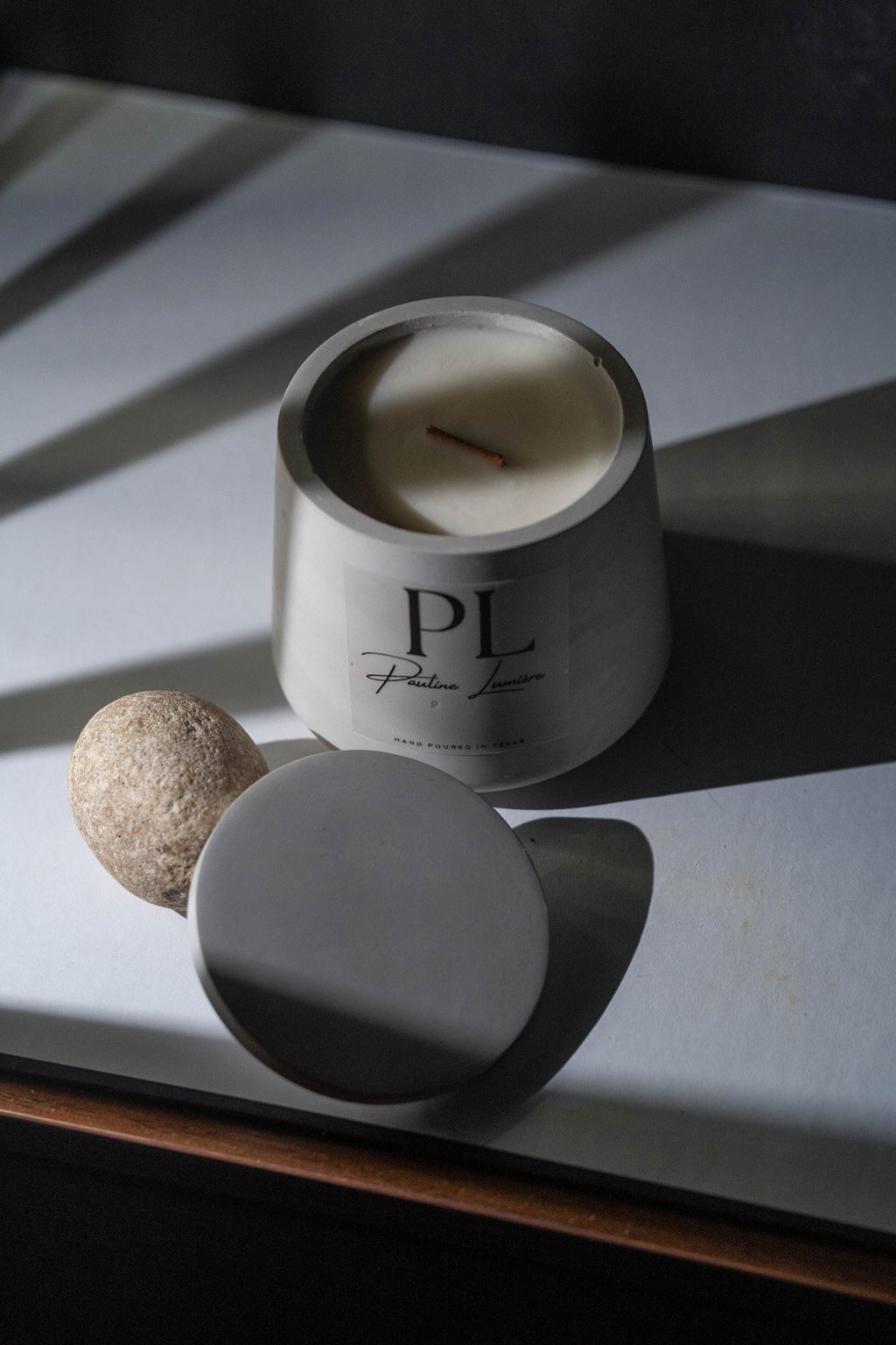 Handmade Sandalwood Soy Candle • Gray Plaster Holder, Inner Balance Aromatherapy