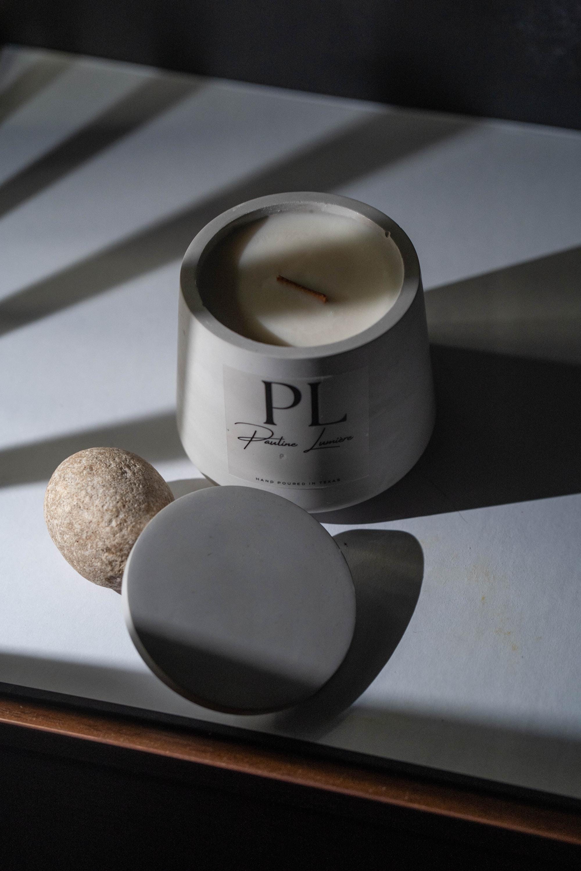 Handmade Sandalwood Soy Candle • Gray Plaster Holder, Inner Balance Aromatherapy