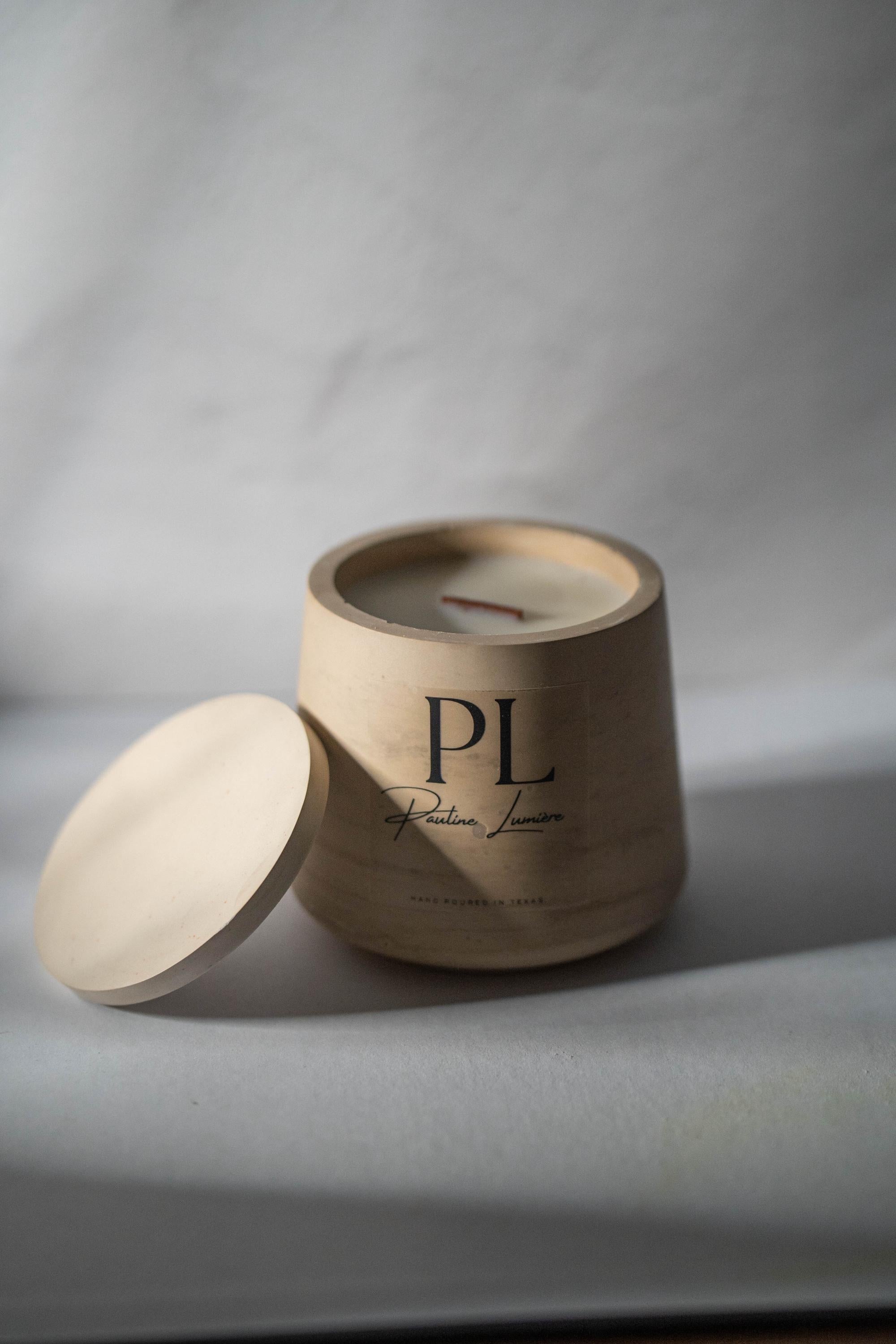 Meditative Harmony • Handmade White Soy Candle with Lavender in Beige-Brown Plaster Holder | Deep Relaxation