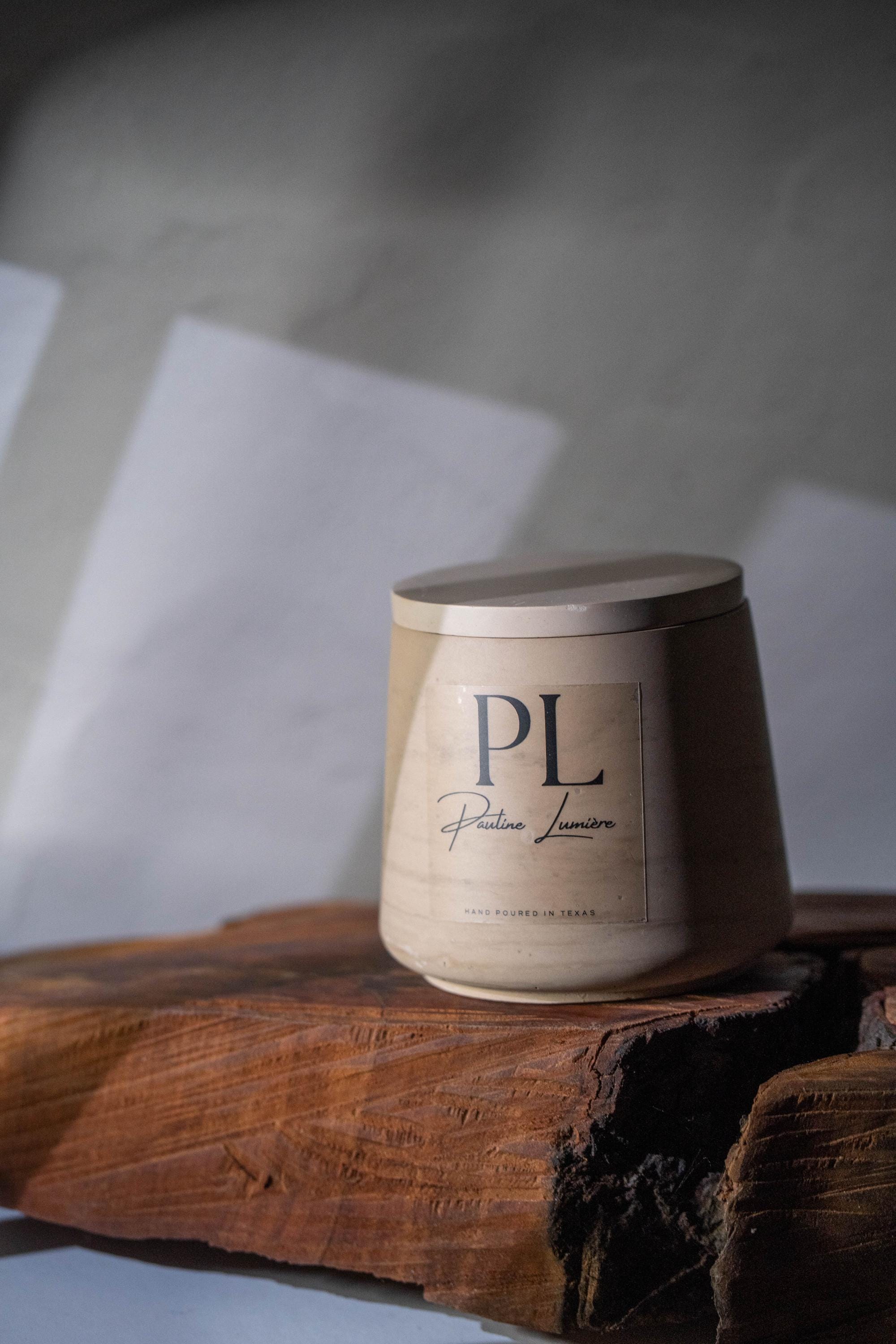 Meditative Harmony • Handmade White Soy Candle with Lavender in Beige-Brown Plaster Holder | Deep Relaxation