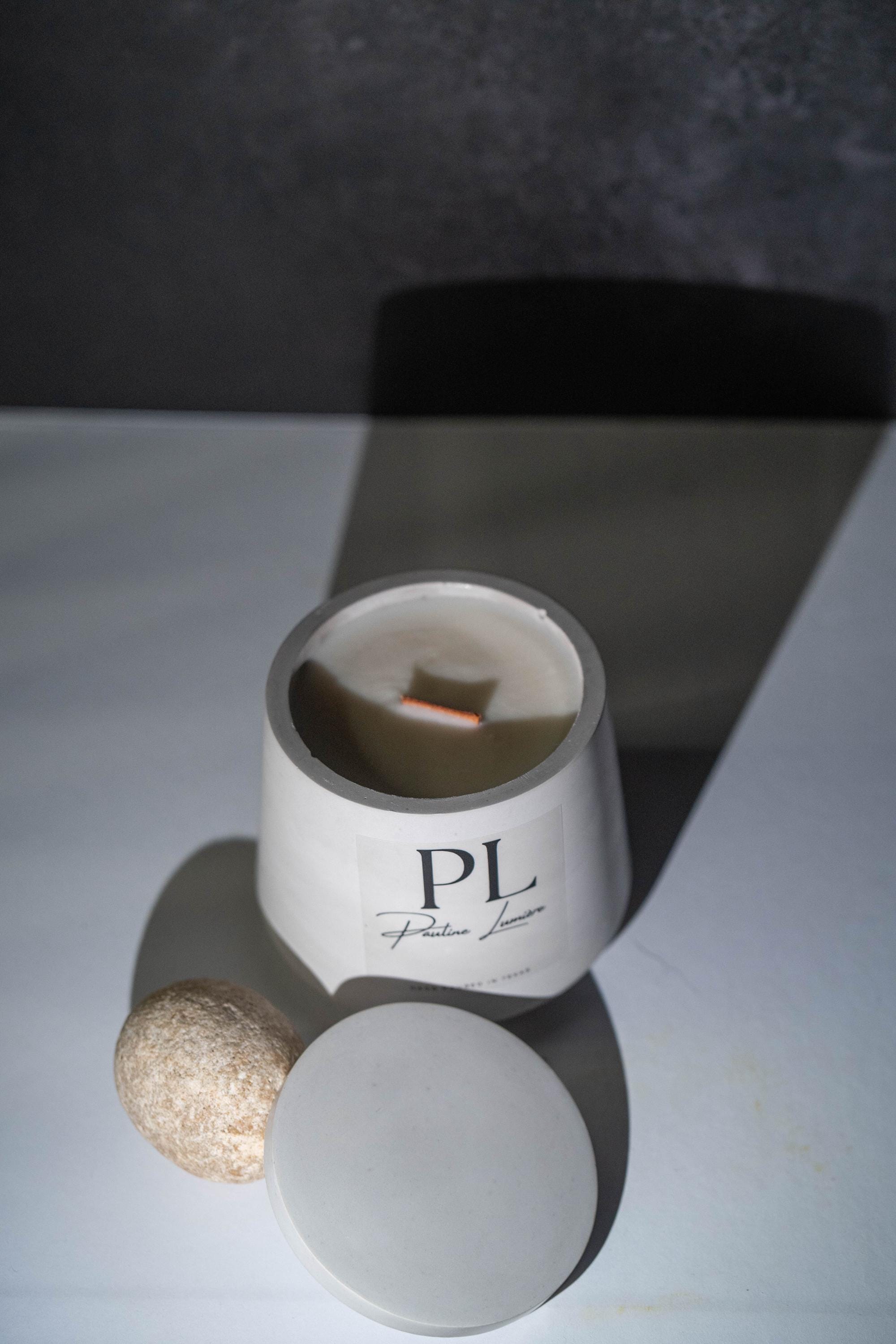 Handmade Sandalwood Soy Candle • Gray Plaster Holder, Inner Balance Aromatherapy