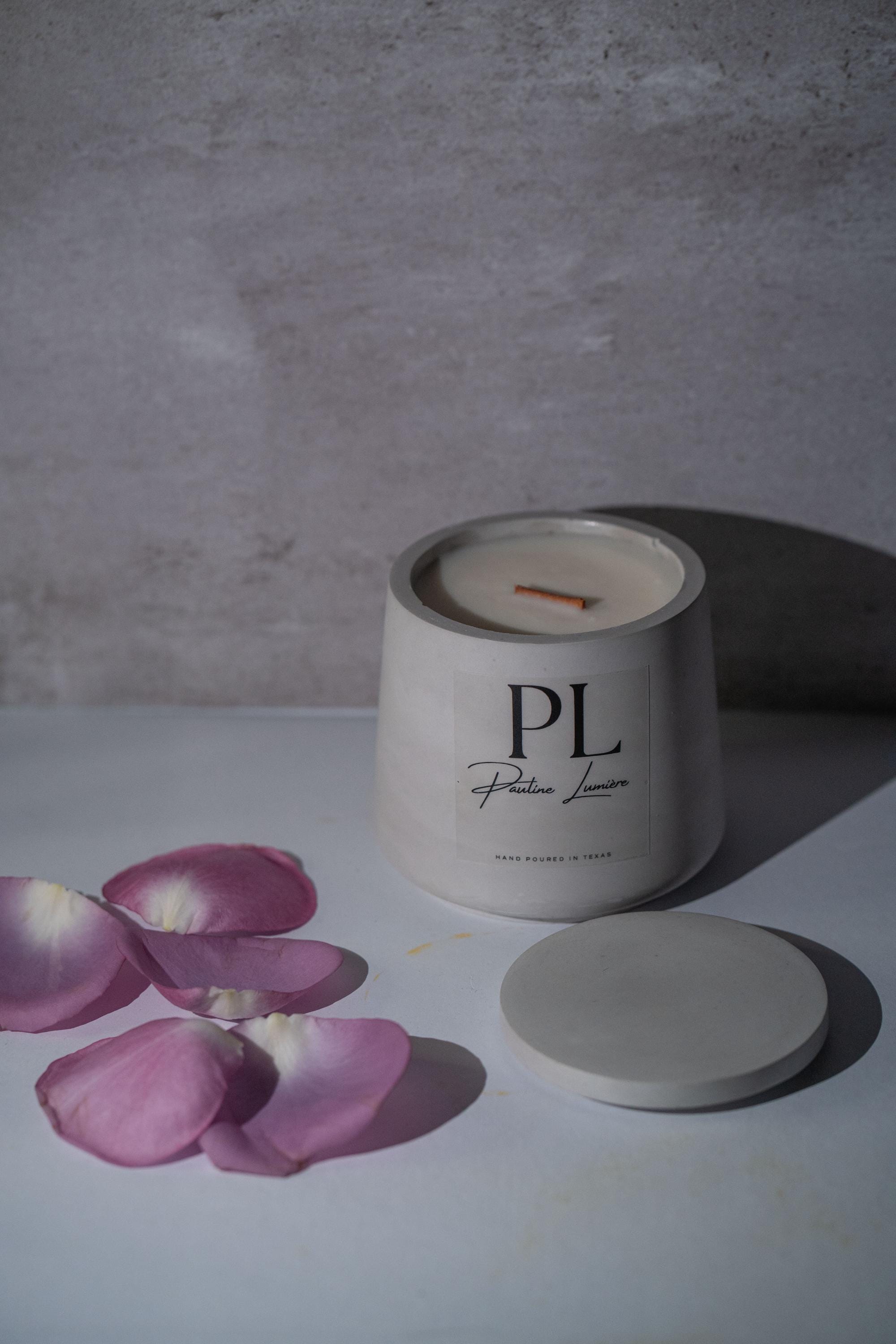 Handmade Sandalwood Soy Candle • Gray Plaster Holder, Inner Balance Aromatherapy